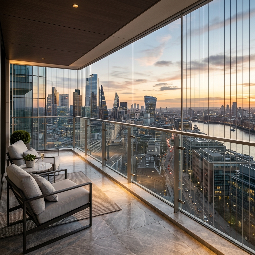 Luxury apartment balcony overlooking skyline at sunset